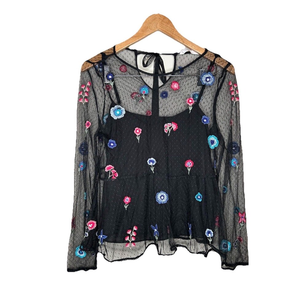 Zara Long Sleeve Sheer Tulle Embroidered Floral Whimsygoth Gypsy Chic Blouse -Sm